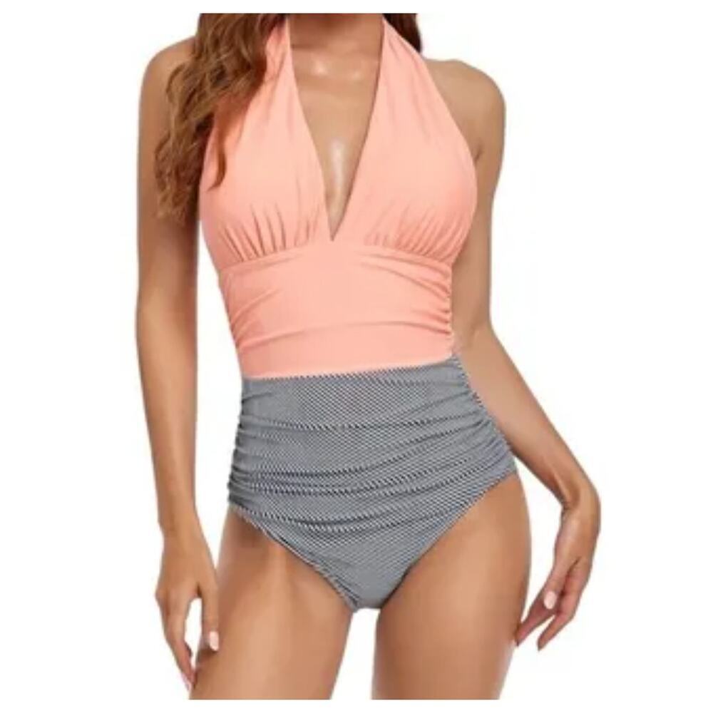 Cupshe Women's Pink & Black & White Striped One Piece Swimsuit Sz M